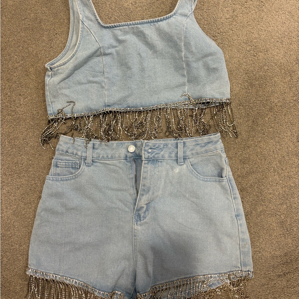 Blueb Denim Fringe Crop Top and Shorts Set size medium
